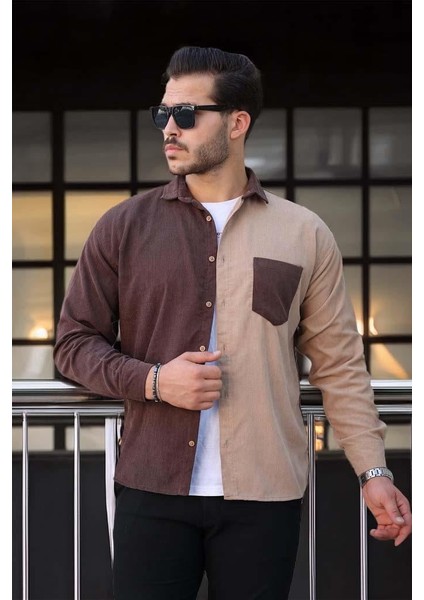 Kontrast Çift Renk Fitilli Kadife Gömlek Kahve fiyatları