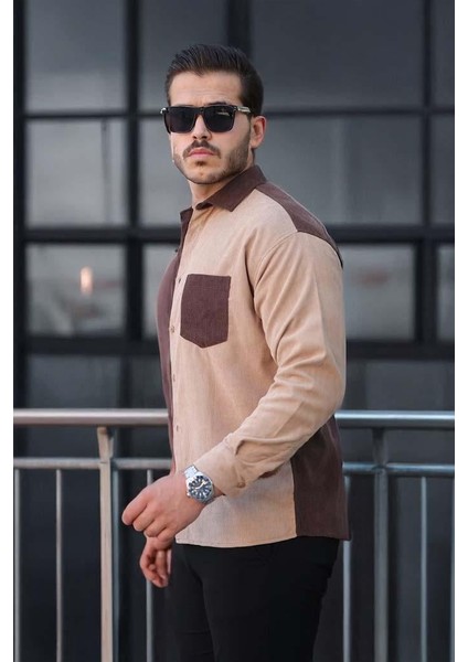 Kontrast Çift Renk Fitilli Kadife Gömlek Kahve fırsatları