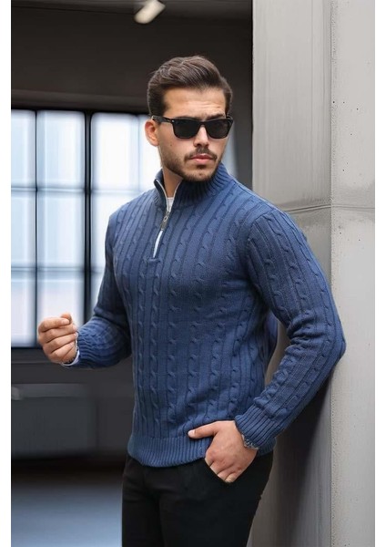 Bardem Saç Örgülü Yarım Fermuar Erkek Triko Kazak - İndigo fiyatları