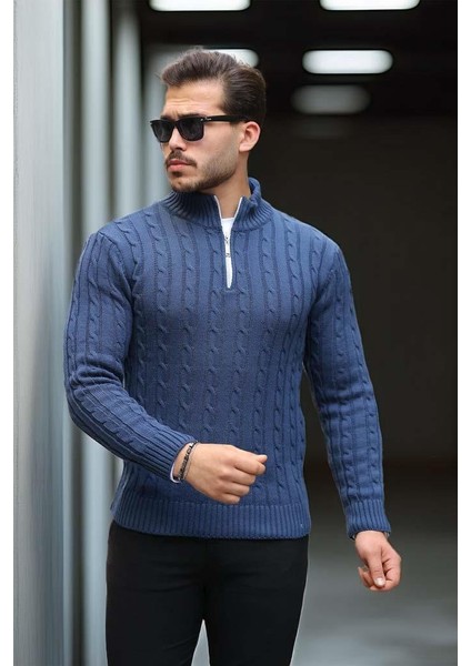 Bardem Saç Örgülü Yarım Fermuar Erkek Triko Kazak - İndigo fırsatları