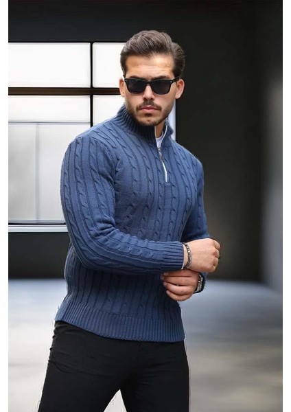 Bardem Saç Örgülü Yarım Fermuar Erkek Triko Kazak - İndigo indirimleri