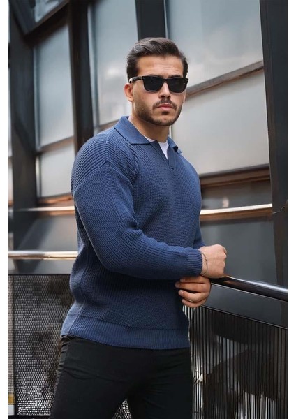 Oversize Gömlek Polo Yaka Selanik Örgülü Erkek Triko Kazak - İndigo fiyatları