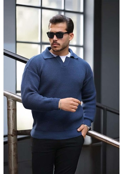 Oversize Gömlek Polo Yaka Selanik Örgülü Erkek Triko Kazak - İndigo modelleri