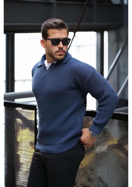 Oversize Gömlek Polo Yaka Selanik Örgülü Erkek Triko Kazak - İndigo fırsatları