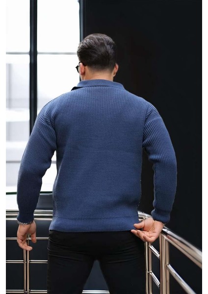 Oversize Gömlek Polo Yaka Selanik Örgülü Erkek Triko Kazak - İndigo indirimleri