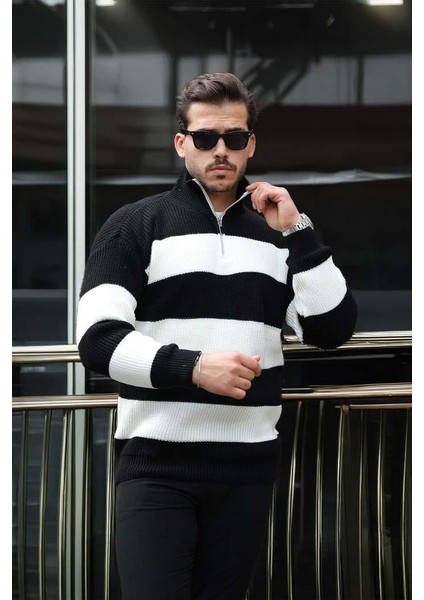 Çizgili Selanik Örgülü Yarım Fermuar Triko Erkek Kazak - Siyah fiyatları