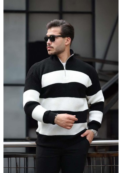 Çizgili Selanik Örgülü Yarım Fermuar Triko Erkek Kazak - Siyah modelleri