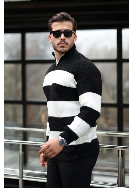 Çizgili Selanik Örgülü Yarım Fermuar Triko Erkek Kazak - Siyah fırsatları