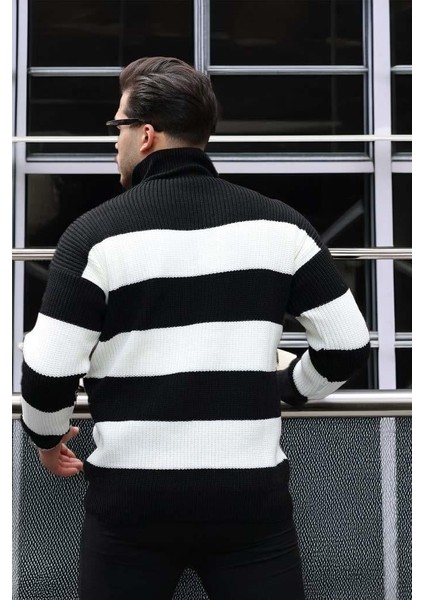 Çizgili Selanik Örgülü Yarım Fermuar Triko Erkek Kazak - Siyah indirimleri