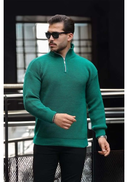 Oversize Selanik Örgü Yarım Fermuar Erkek Triko Kazak - Yeşil fiyatları