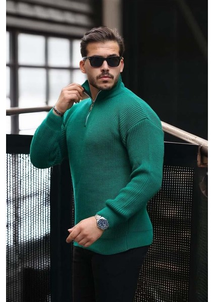 Oversize Selanik Örgü Yarım Fermuar Erkek Triko Kazak - Yeşil modelleri