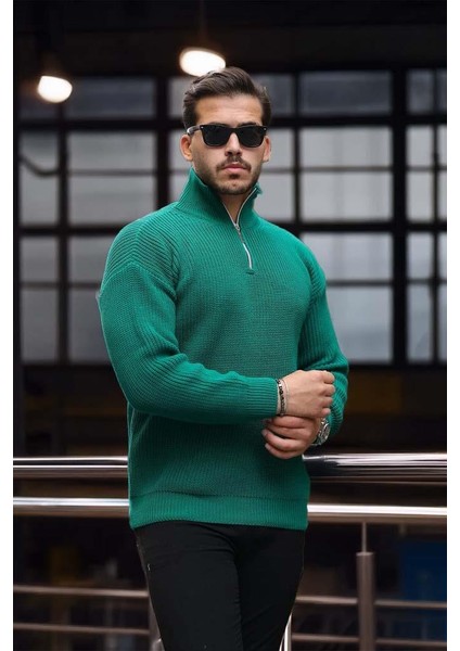 Oversize Selanik Örgü Yarım Fermuar Erkek Triko Kazak - Yeşil fırsatları