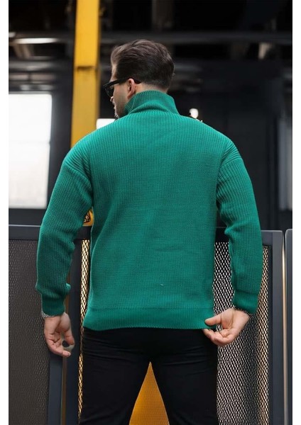 Oversize Selanik Örgü Yarım Fermuar Erkek Triko Kazak - Yeşil indirimleri