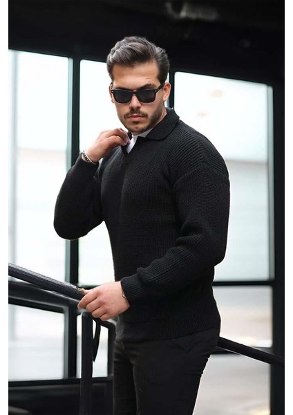 Oversize Gömlek Polo Yaka Selanik Örgülü Erkek Triko Kazak - Siyah modelleri
