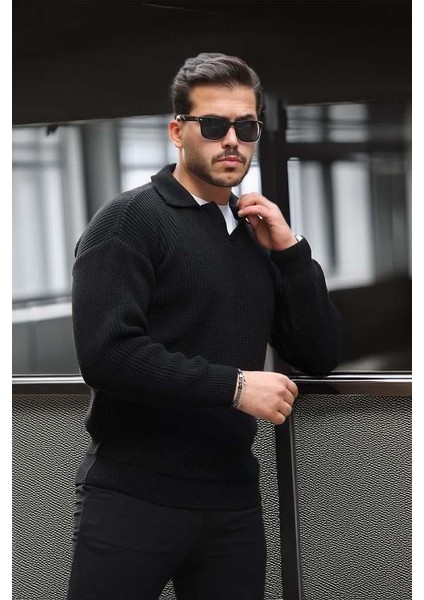 Oversize Gömlek Polo Yaka Selanik Örgülü Erkek Triko Kazak - Siyah fırsatları