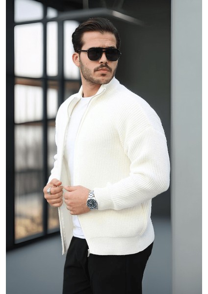 Oversize Selanik Örme Fermuarlı Erkek Hırka- Ekru modelleri