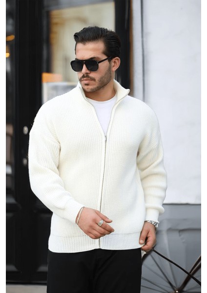 Oversize Selanik Örme Fermuarlı Erkek Hırka- Ekru fiyatları