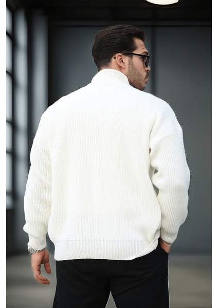 Oversize Selanik Örme Fermuarlı Erkek Hırka- Ekru