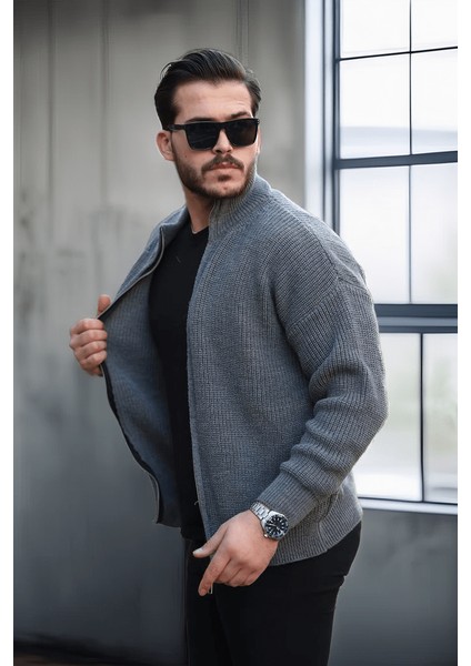 Woody Oversize Selanik Örme Fermuarlı Erkek Hırka- Füme modelleri