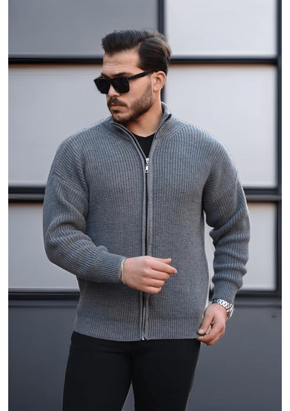 Woody Oversize Selanik Örme Fermuarlı Erkek Hırka- Füme indirimleri