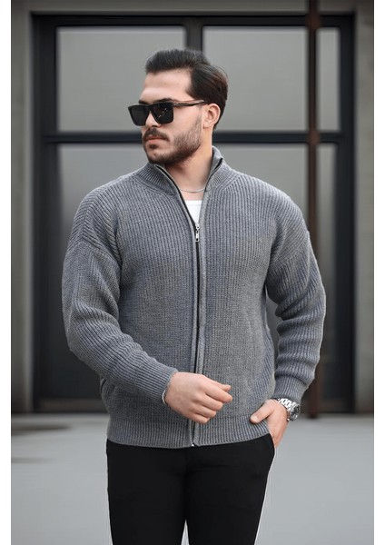Woody Oversize Selanik Örme Fermuarlı Erkek Hırka- Füme fiyatları