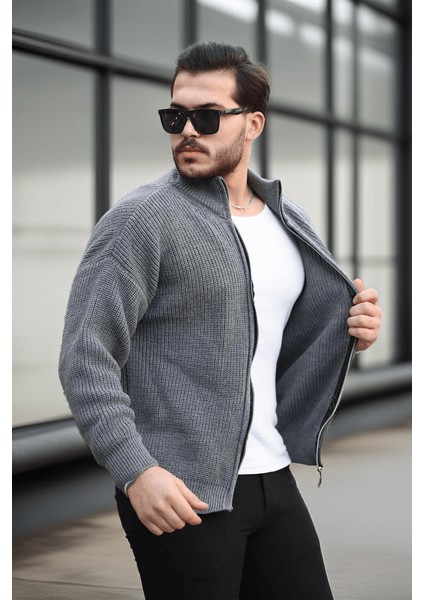 Woody Oversize Selanik Örme Fermuarlı Erkek Hırka- Füme