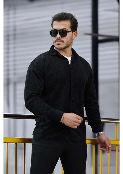 Fitilli Erkek Kadife Gömlek - Siyah