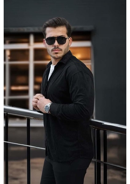 Fitilli Erkek Kadife Gömlek - Siyah modelleri