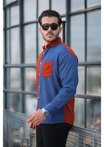 Kontrast Çift Renk Fitilli Kadife Gömlek - Açık Kiremit