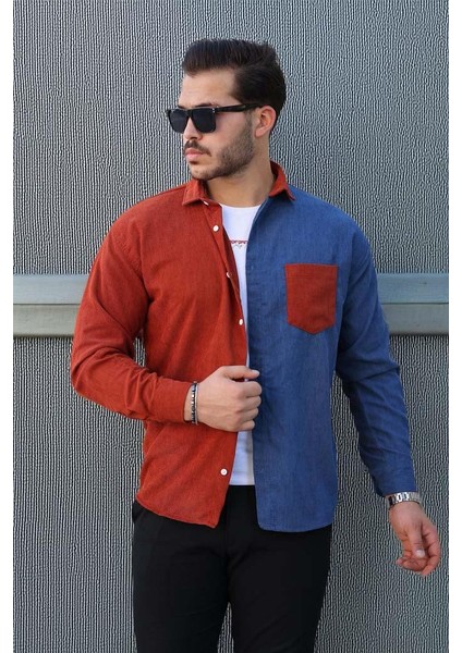 Kontrast Çift Renk Fitilli Kadife Gömlek - Açık Kiremit fiyatları