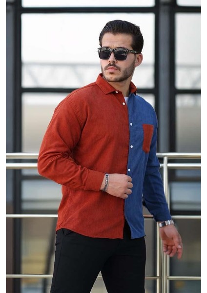 Kontrast Çift Renk Fitilli Kadife Gömlek - Açık Kiremit fırsatları