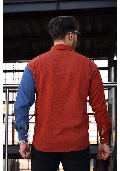 Kontrast Çift Renk Fitilli Kadife Gömlek - Açık Kiremit indirimleri