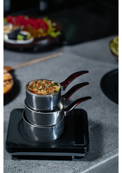 3 Lü Set Paslanmaz Çelik Kaçerola Sütlük ve Sosluk 12-14-16 cm Kırçıllı