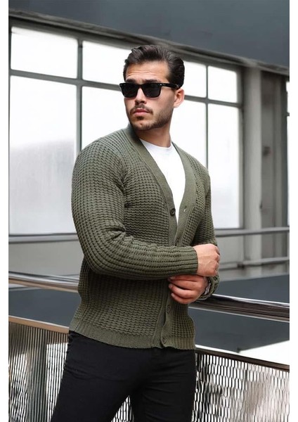 Nopenli Fitil Örgü Düğmeli Hırka - Haki modelleri