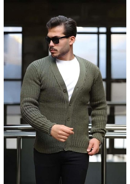 Nopenli Fitil Örgü Düğmeli Hırka - Haki fırsatları