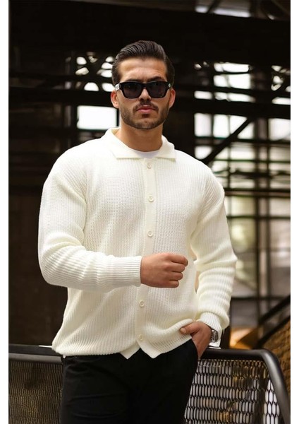 Oversize Selanik Örgü Düğmeli Erkek Hırka- Ekru