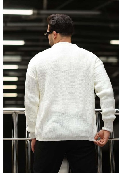 Oversize Selanik Örgü Düğmeli Erkek Hırka- Ekru