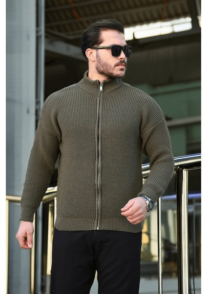 Woody Oversize Selanik Örme Fermuarlı Erkek Hırka- Haki