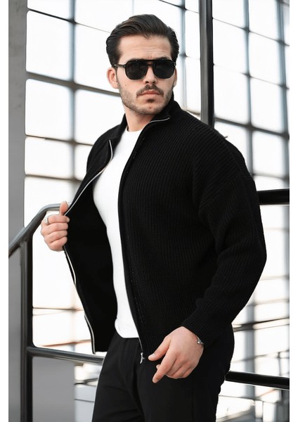 Oversize Selanik Örme Fermuarlı Erkek Hırka- Siyah indirimleri