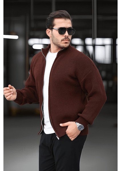 Oversize Selanik Örme Fermuarlı Erkek Hırka- Kahve modelleri