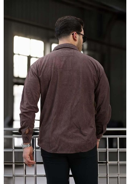 Fitilli Erkek Kadife Gömlek - Kahve