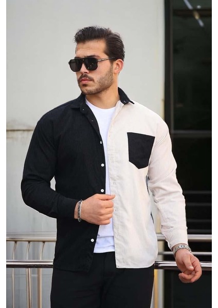 Kontrast Çift Renk Fitilli Kadife Gömlek - Taş