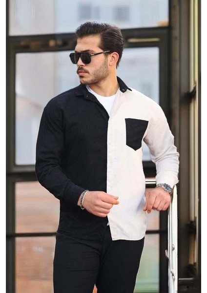 Kontrast Çift Renk Fitilli Kadife Gömlek - Taş fiyatları