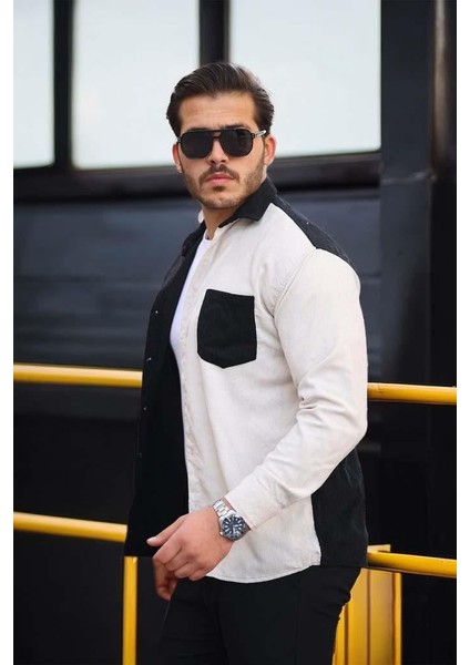 Kontrast Çift Renk Fitilli Kadife Gömlek - Taş modelleri