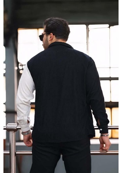 Kontrast Çift Renk Fitilli Kadife Gömlek - Taş fırsatları