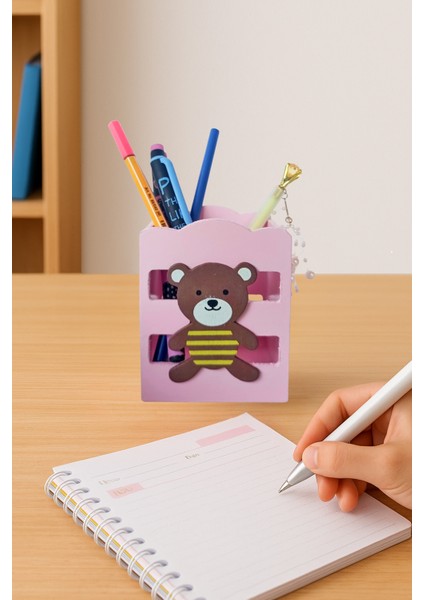 Ahşap Masaüstü Kalemlik Sevimli Ayıcık Çizgili Pembe - 1 Adet