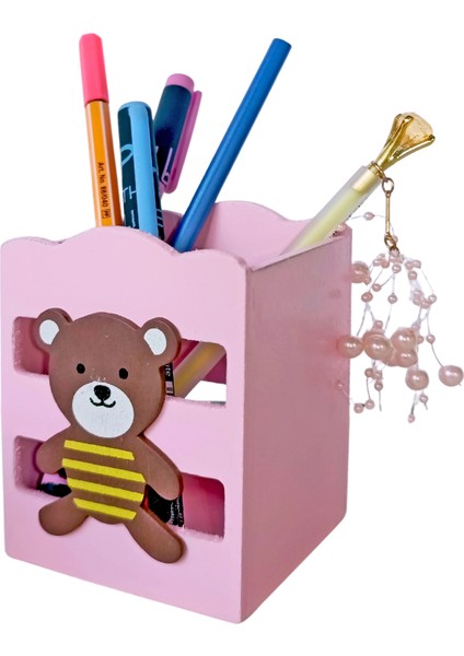 Ahşap Masaüstü Kalemlik Sevimli Ayıcık Çizgili Pembe - 1 Adet fiyatları