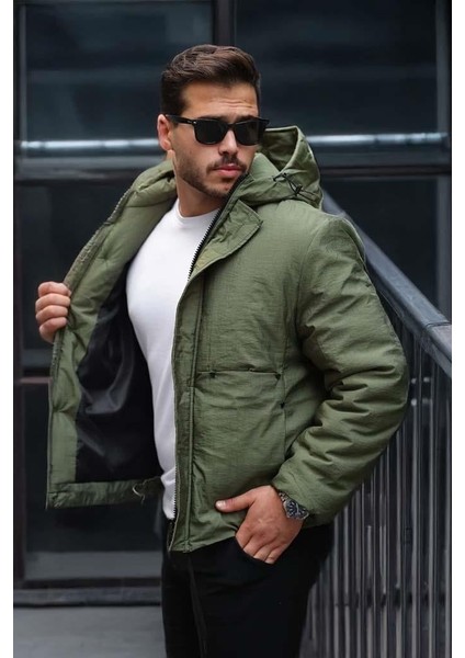 Oversize Cep Detaylı Kapüşonlu Hafif Şişme Mont - Yeşil fiyatları