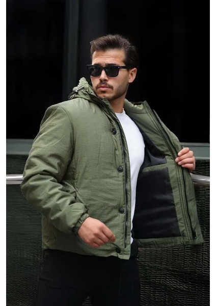 Oversize Cep Detaylı Kapüşonlu Hafif Şişme Mont - Yeşil