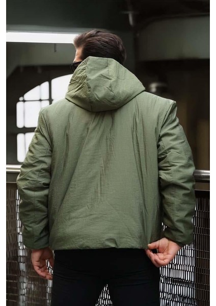 Oversize Cep Detaylı Kapüşonlu Hafif Şişme Mont - Yeşil